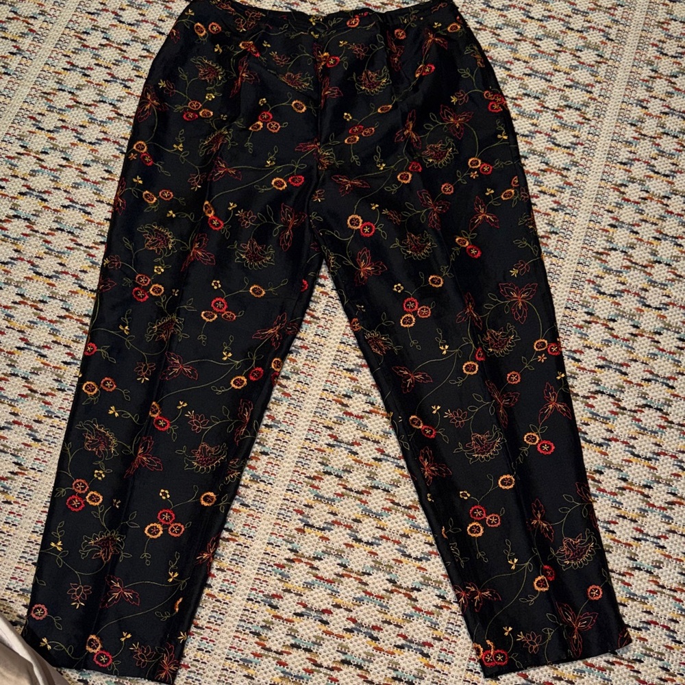 SilkLand Black Trousers with Red and Gold Floral Embroidery